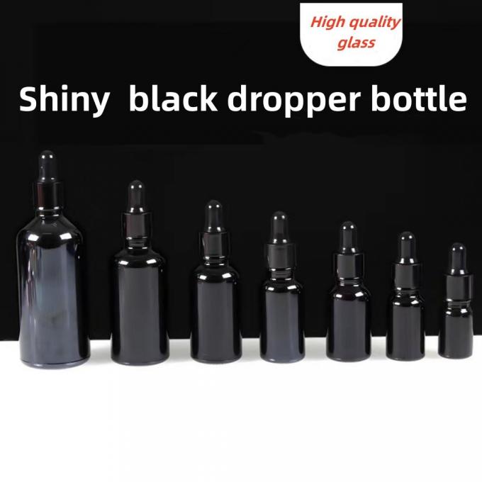 Hot Sale 5ml 10ml 15ml 20ml Essential Oil Serum Flat Shoulder Round Shiny Black Glass Dropper Bottle with Pipette