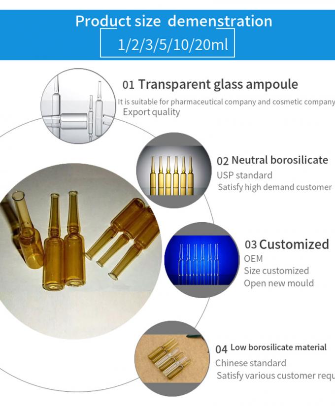 1ml 2ml 5ml ISO Standard Chinese Standard Glass Ampoule for Pharma Injection Amber Transparent Type I Borosilicate Glass Ampoule