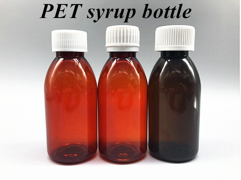 100ml 120ml Amber syrup nhựa chai thuốc thú cưng vòng thuốc Sirup ho chai với CRC Caps