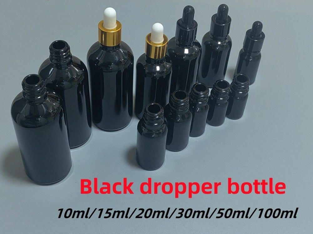 Đen 10, Ml 15ml 20ml 30ml 50ml trống, tròn, đen sáng kính chai nhỏ giọt dầu thiết yếu với vòng vàng nhựa