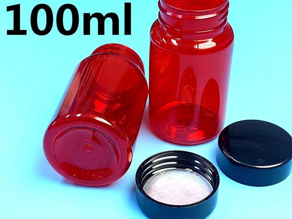 100ml Đỏ MOQ thấp PET chai thuốc nhựa rỗng Custom nhựa vitamin viên nang chai với nắp vít Flip Top Cap