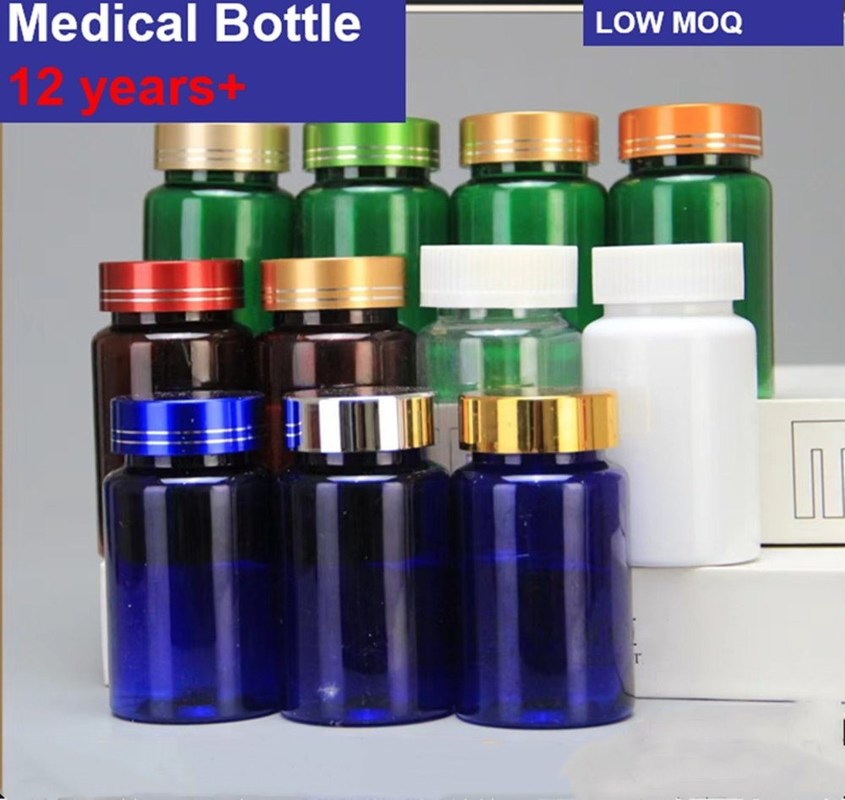 Nhựa màu xanh PET 100ml chai viên nang thuốc với nắp vít bạc thuốc bổ sung vitamin chai chứa