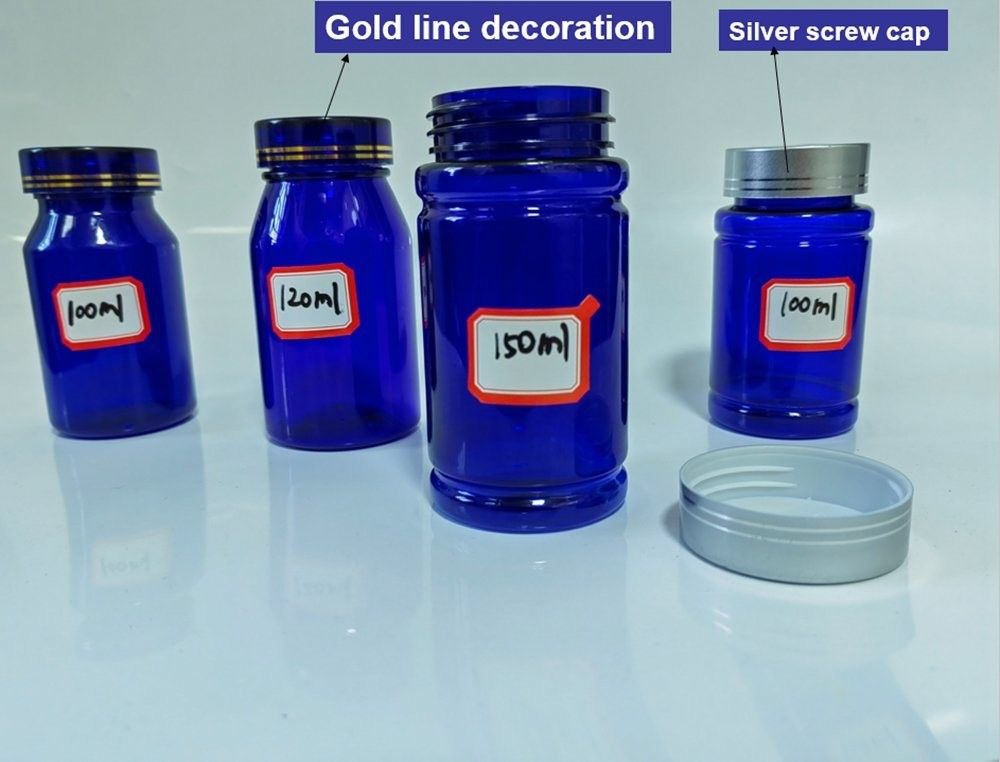Dược phẩm 100ml 120ml 175ml Blue PET Plastic Pill Capsule Bottle Chăm sóc sức khỏe thuốc viên Bottle with Screw Cap